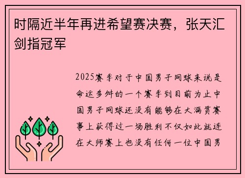 时隔近半年再进希望赛决赛，张天汇剑指冠军